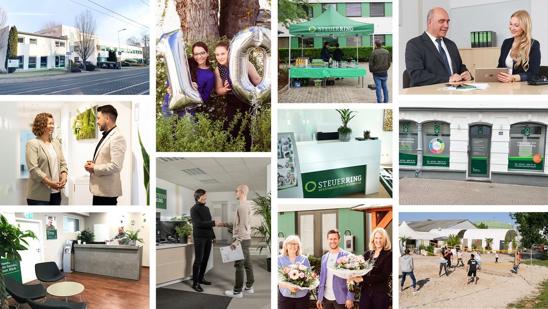 Eine Kollage zum Thema Festanstellung im Steuerring. Abgebildet sind Menschen bei der Arbeit und auf Steuerring-Events.